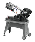 Reliable 5 X 8 Inch Horizontal Band Saw For Metal Cutting Featuring A Built In Coolant System And One Half Horsepower Motor on a sturdy base.