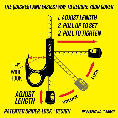 Diagram showing adjustment mechanism of Heavy Duty Bed Tarp For Pickup Trucks With Waterproof Cargo Net Cover And Detachable Quick Adjust Tie Downs