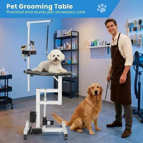 Elevate Your Grooming Game With This Heavy Duty Electric Hydraulic Pet Table Featuring A Rotating Waterproof Top, Remote And Foot Pedal Height Adjustments.