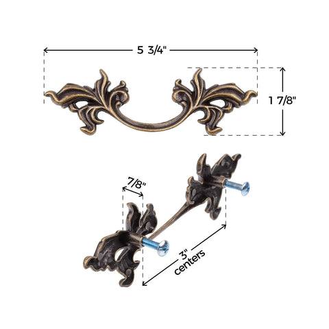 French Provincial Grape Leaf Drawer Pull In Antique Brass Finish, 3 Inch Centers, Five And Three Quarter Inch Wide, Die Cast Zinc