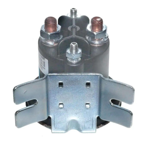 Straight Up Heavy Duty 12-Volt PowerSeal Dc Contactor Featuring Copper Studs Narrow Curved L Bracket And Sealed Design Perfect For Rv And Truck Wiring Jobs That Demand Road Ready Performance Without Any Fuss, showing copper terminals and bracket mount.