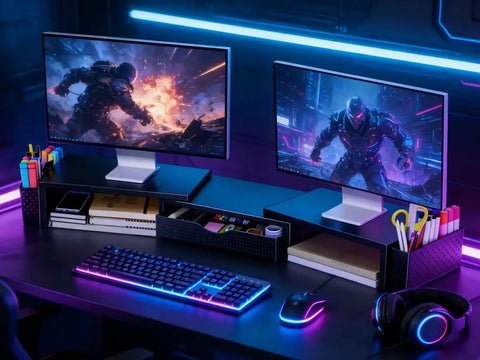 Dual Monitor Stand Riser With Drawer And Pen Holders Desk Organizer And Book Racks For Office Desk Accessories Boss Level Workspace Organizer For Two Monitors In Black, with two monitors on top and illuminated accessories.