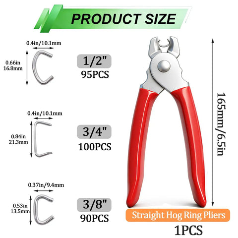 Hog Ring Kit With Heavy Duty Pro Grade Straight Pliers, 285 Pieces Galvanized Hog Rings In 3/4 Inch, 1/2 Inch, And 3/8 Inch Sizes, Includes Pliers
