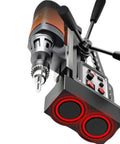 Magnetic Base Drill Press With Adjustable Speed Control And Forward Reverse Rotation For Versatile Heavy Duty Drilling At Home Or Shop, Industrial Electric Drill With Magnetic Stand And Tapping Options, 13 16 23 28 Mm Capacity close-up of the drill head and magnetic base.