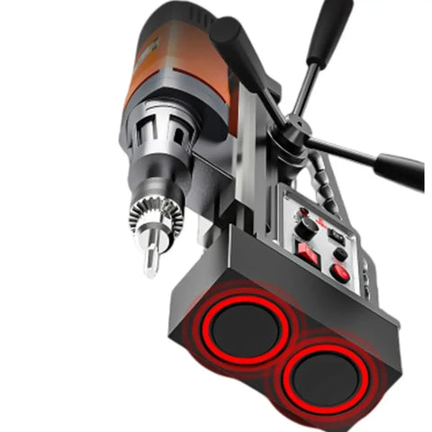 Magnetic Base Drill Press With Adjustable Speed Control And Forward Reverse Rotation For Versatile Heavy Duty Drilling At Home Or Shop, Industrial Electric Drill With Magnetic Stand And Tapping Options, 13 16 23 28 Mm Capacity close-up of the drill head and magnetic base.