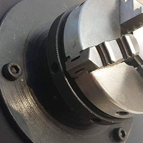 Close-up of the 65 mm chuck on the Rock Solid Rotary Welding Positioner With Adjustable Speed And 180 Mm Turntable, Smooth Zero To Ninety Degree Tilt For Straight Shot Welds, Sixty Five Mm Chuck Handles Ten Kilograms Like A Dream.