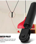 Vintage Style Hanging Light Pulley Kit For Pendant Lamps Old School Cast Iron Wire Pulley Bearing Rod Set Wall Or Ceiling Mount Pulleys For Replacement And Lifting Of Hanging Lamps installed on ceiling with black pulley and red pendant lamp.