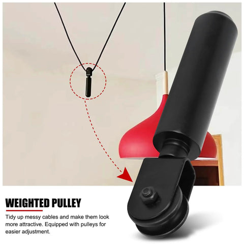 Vintage Style Hanging Light Pulley Kit For Pendant Lamps Old School Cast Iron Wire Pulley Bearing Rod Set Wall Or Ceiling Mount Pulleys For Replacement And Lifting Of Hanging Lamps installed on ceiling with black pulley and red pendant lamp.