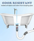 Universal Pop Up Bathtub Drain Stopper And Hair Catcher Features Smart Filter Basket That Snags All The Gunk Instantly Anti Clogging Tub Plug showed in white vintage bathtub with flowing water.
