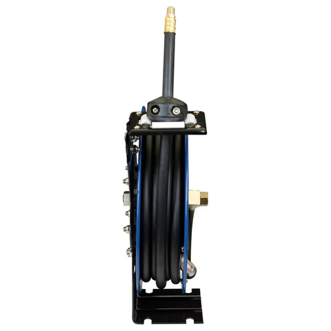Side view of Heavy Duty All Steel 3/8 Inch By 50 Foot Retractable Air Hose Reel With Automatic Rewind, highlighting hose and reel.