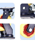 12 Inch Heavy Duty Plate Caster Wheels With Brake, Super Load Bearing Nylon Rollers, close-up of swivel mount and solid nylon roller.