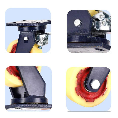 12 Inch Heavy Duty Plate Caster Wheels With Brake, Super Load Bearing Nylon Rollers, close-up of swivel mount and solid nylon roller.