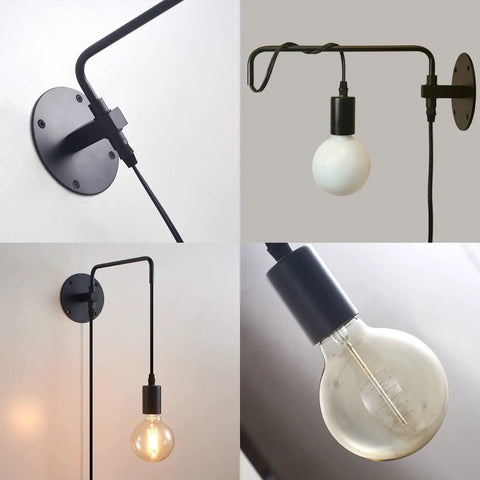 Set Of 2 Plug In Wall Sconces In Metal Black With Swing Arm And On Off Switch Cozy Vintage Industrial Wall Lighting close-up