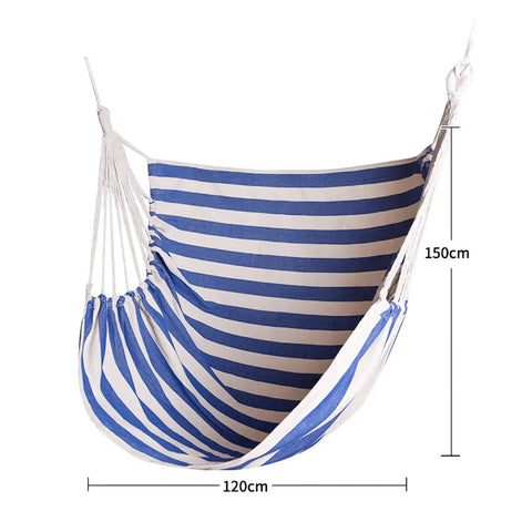 Striped canvas hammock chair, blue and white, for indoor/outdoor use. Includes installation ropes, shown with dimensions.
