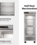 Kickass 23 Inch Commercial Reach In Refrigerator With Right Hinged Split Glass Doors Providing Twenty Point Five Cubic Feet Of Space For Kitchen Crews Staging Prep Batches And Backup Gear with adjustable shelving.