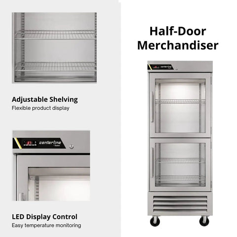 Kickass 23 Inch Commercial Reach In Refrigerator With Right Hinged Split Glass Doors Providing Twenty Point Five Cubic Feet Of Space For Kitchen Crews Staging Prep Batches And Backup Gear with adjustable shelving.