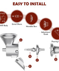 Components of Adjustable Grain Mill Attachment For Stand Mixer, showing grain mill body, grind worm, burr, knob, and chute.