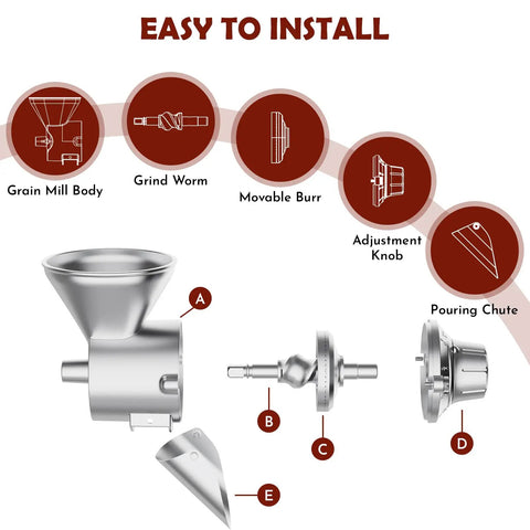 Components of Adjustable Grain Mill Attachment For Stand Mixer, showing grain mill body, grind worm, burr, knob, and chute.
