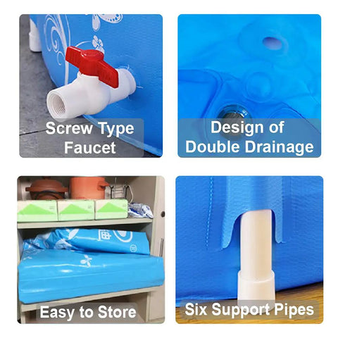 Portable Bathtub With Cover For Adults features screw type faucet, double drainage, compact storage, and six support pipes.