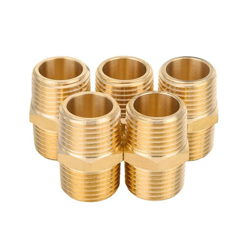 Pack Of 5 One Half Inch Brass NPT Male Hex Nipples For Copper Brass Or Iron Pipe Connections Straight Adapters Durable Corrosion Resistant