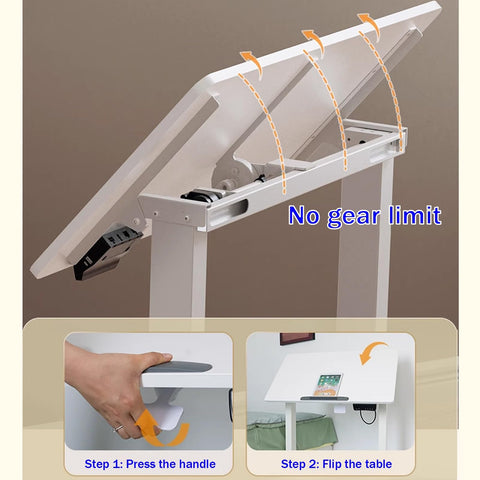 White Adjustable Standing Desk With Flip Top Tiltable Workstation And Three Memory Height Settings For Home Office showing tilt mechanism steps.