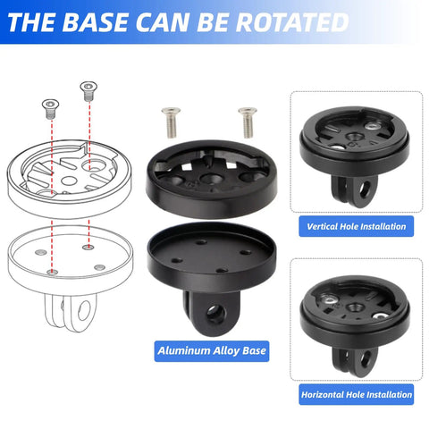 Mountain Bike Computer Mount for Road and Mountain Bikes with aluminum alloy base and vertical or horizontal installation options.