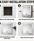 4 easy installation steps of Built Tough Stainless Steel Drywall Access Door 28 By 28 Inch Wall Cutout service panel.