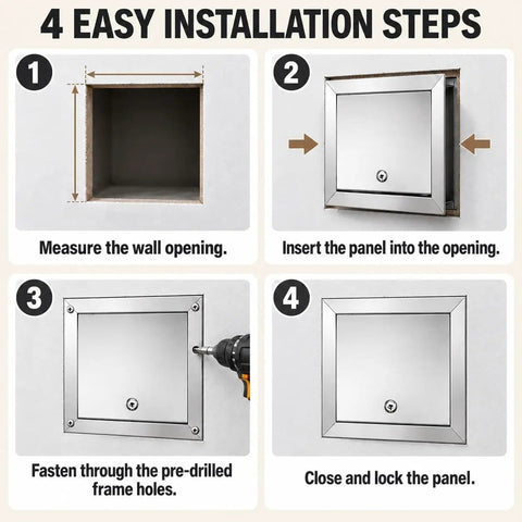 4 installation steps for Heavy Duty Stainless Steel Drywall Access Door 28 X 28 Inch Wall Cutout Panel with smooth rotary latch.