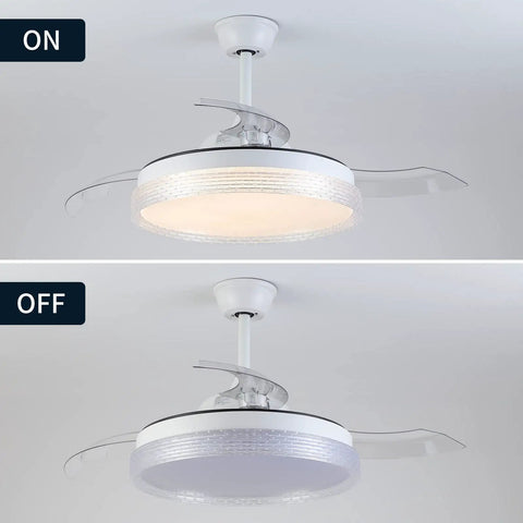42 Inch Dope Retractable Blades Ceiling Fan With Lights, Modern Indoor Flush Mount, shown with lights on and off.