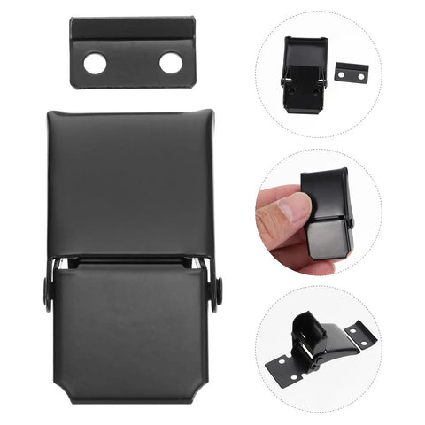 Heavy Duty Stainless Steel Toggle Latch Hasps For Secure Tool Boxes And Storage Cases Black metal buckle close-up with mounting plate.