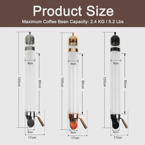 Slick Wall Mounted Stainless Steel Coffee Bean Dispenser Delivers Top Shelf Airtight Freshness And Hassle Free Portion Control For Coffee Beans Tea Grains Candy Kitchen Storage product size dimensions and capacity illustration.