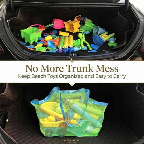XL Mesh Beach Bag Tote for Kids and Family Ultra Lightweight See Through Bag filled with beach toys in a car trunk