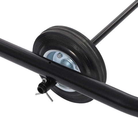 Close-up of the wheel and handle of the Huge Heavy Duty 55 Gallon Drum Cradle With 600 Lbs Capacity And Retractable Drawbar.