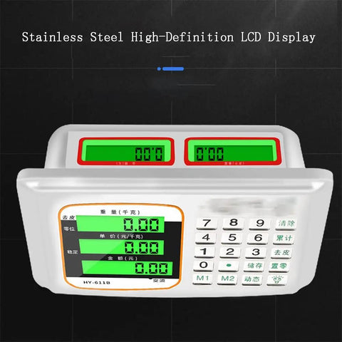 Heavy Duty Foldable Digital Floor Scale With Crisp HD LCD Display Rechargeable Battery For Luggage And Shipping Packages 660 Pound Capacity showing stainless steel high-definition LCD display and control panel.