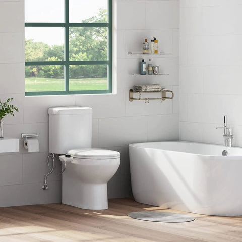 Modern bathroom with Ultra Slim Toilet Bidet Attachment With Dual Detachable Nozzles Self Cleaning Mode Adjustable Water Pressure.