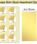 8 Piece Brass Shim Stock Set With 6 Inch By 3 Inch Sheets In 0.001 0.002 0.004 0.006 0.008 0.012 0.016 0.02 Inch Thickness For DIYers Gaskets Washers Spacers And Machining Projects showing sheet thicknesses and dimensions.