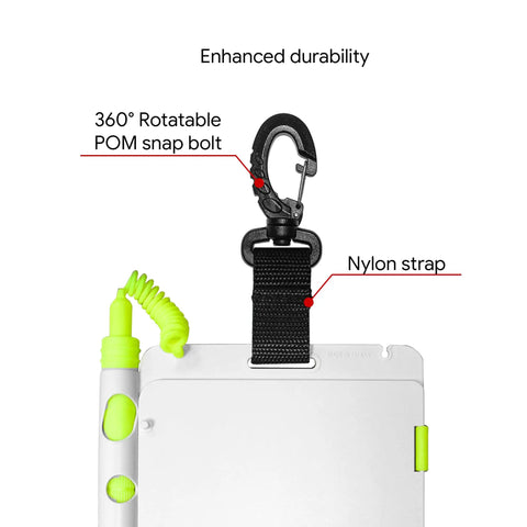 Foldable Dive Slate With Pencil For Scuba And Tech Diving Underwater Writing Board That Clips To Your BCD close-up nylon strap and clip