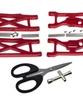 Front And Rear Swing Suspension Arms Upgrade Kit For 1 By 10 22S SCT 2WD Short Course RC Car Aluminum Alloy Parts Durable High Strength Build With 2 Tools Red shown with scissors and small tool