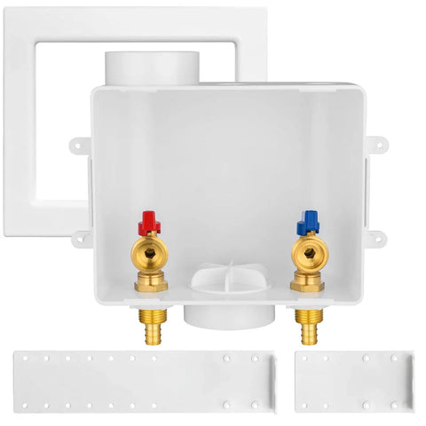 Front view of 1 Pack Washing Machine Outlet Box With 1/2 Inch Crimp PEX Inlet And 3/4 Inch MHT Outlet Center Drain Built Tough From Lead Free Brass