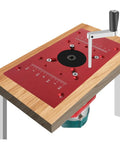 Top Shelf Aluminum Router Base Plate Precision Milling Table Insert For Woodworking Trimming Tasks mounted on wooden workbench.