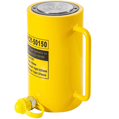 Yellow hydraulic cylinder jack with side handle, bottle-style, 50T capacity for trucks, tractors and heavy equipment