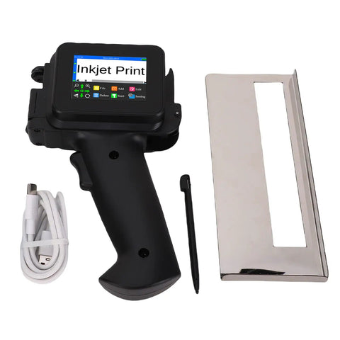 Handheld Inkjet Printer On The Go For Bulk Labeling And Date Coding Portable Date Coder With 600 DPI Quick Dry Ink TIJ Two Point Five Printhead Prints Text Barcodes And QR Codes On Wood Glass Metal Plastic Great For Warehouse Shop Floors, black handheld printer with cable and stencil