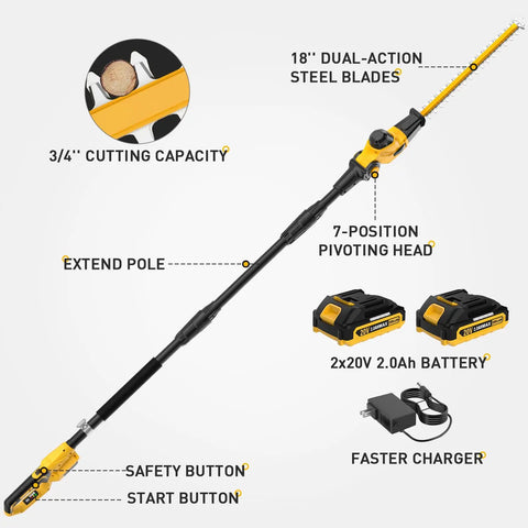 Beast Cordless 18 Inch 20V Pole Hedge Trimmer With 16 Foot Reach, steel blades, swivel head, two batteries, and charger