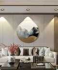 Pack Of 12 Adjustable Round Eyeball Spotlights Slick Brass Recessed Downlights 4.3 Inch Ceiling Can Lights 3000K To 6000K Tunable White highlighting wall art in modern living room.