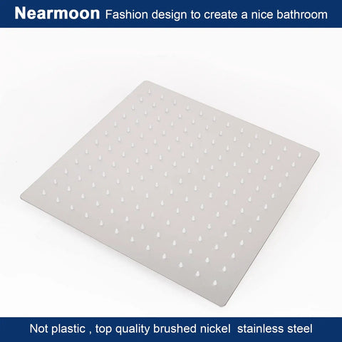 Massive 12 Inch Ceiling Mount Rain Shower Head in Square Design with Brushed Nickel Finish, High Pressure Waterfall Showerhead For Full Body Coverage, Water Saving and Durable Stainless Steel Construction, top view showing water nozzles