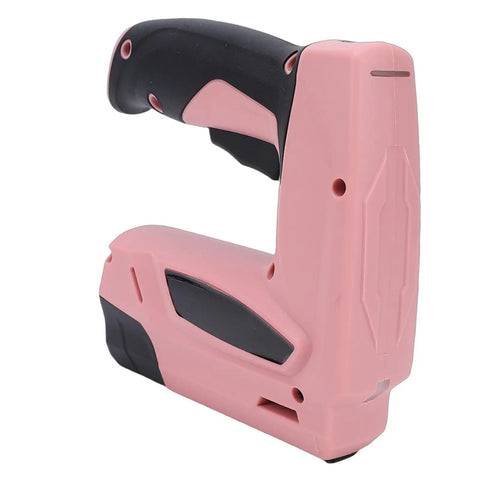 Badass Cordless Electric Staple Gun Featuring Plug And Play Battery Setup Ergonomic brad nailer in pink, ideal for DIY carpentry and crafts.