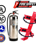 Badass 2.5 Gallon Water Fire Extinguisher With Hella Heavy Duty Steel Bracket And Warning Sign UL ULC Listed DOT Compliant USCG Approved Class A Rating and instruction label.