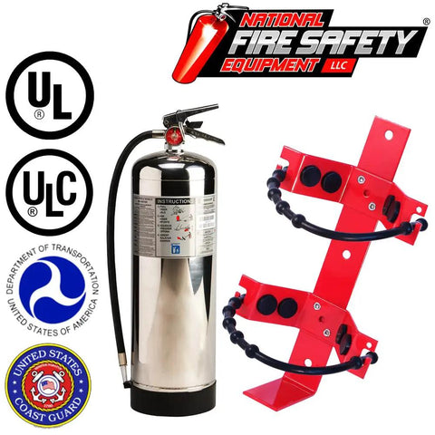 Badass 2.5 Gallon Water Fire Extinguisher With Hella Heavy Duty Steel Bracket And Warning Sign UL ULC Listed DOT Compliant USCG Approved Class A Rating and instruction label.