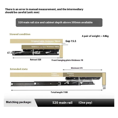 Heavy Duty Full Extension Drawer Slides With Quick Release Latches For No Sweat Setup And Smooth Quiet Ride Rising Table Lift Mechanism and specifications diagram for 520mm size.
