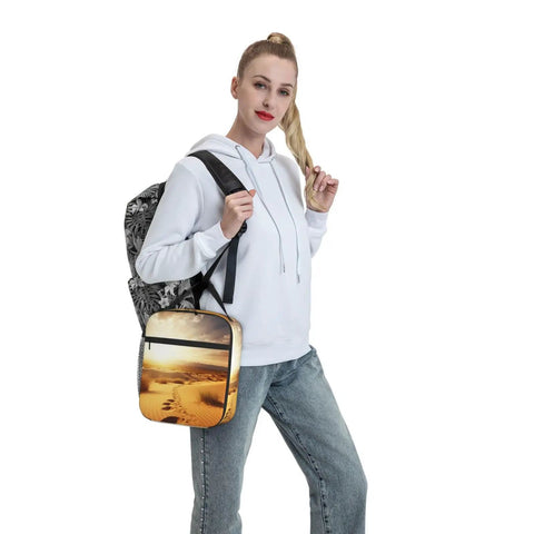 Person holding Golden Desert Bright Sunshine Insulated Lunch Bag With Detachable Handle For Women And Men, Leakproof Cooler Tote